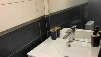 Shower, towels, toilet paper
