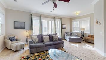 TV, DVD player, books, video library