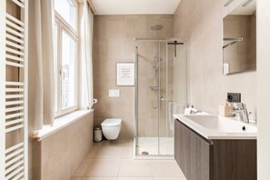 A modern bathroom with a glass shower enclosure, a toilet, and a vanity with a mirror.