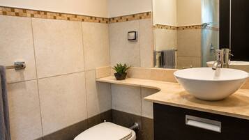 Shower, towels, soap, toilet paper