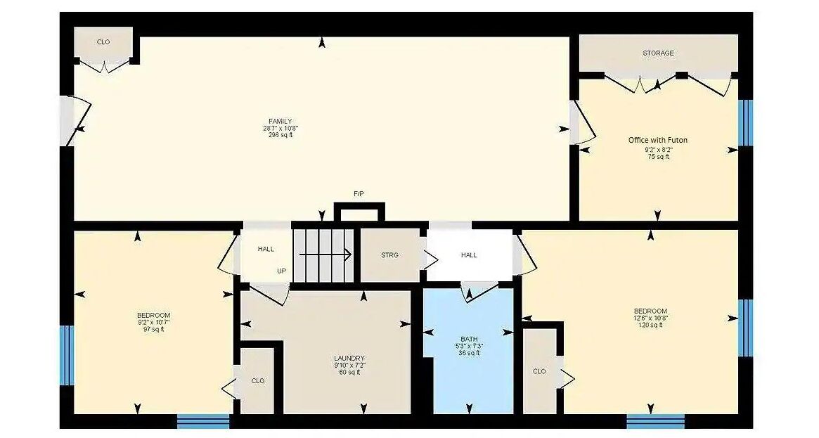 Un plan d’étage comprenant une salle familiale, deux chambres, une salle de bain, une buanderie, un espace de rangement et un bureau avec un canapé-lit.