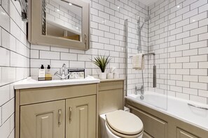 Hair dryer, towels, soap, shampoo