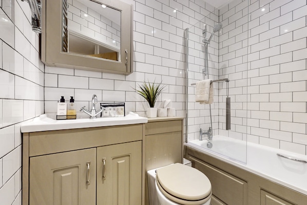 Hair dryer, towels, soap, shampoo