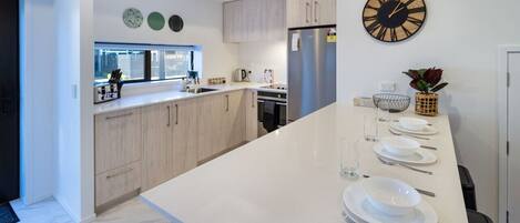 Fridge, microwave, oven, stovetop