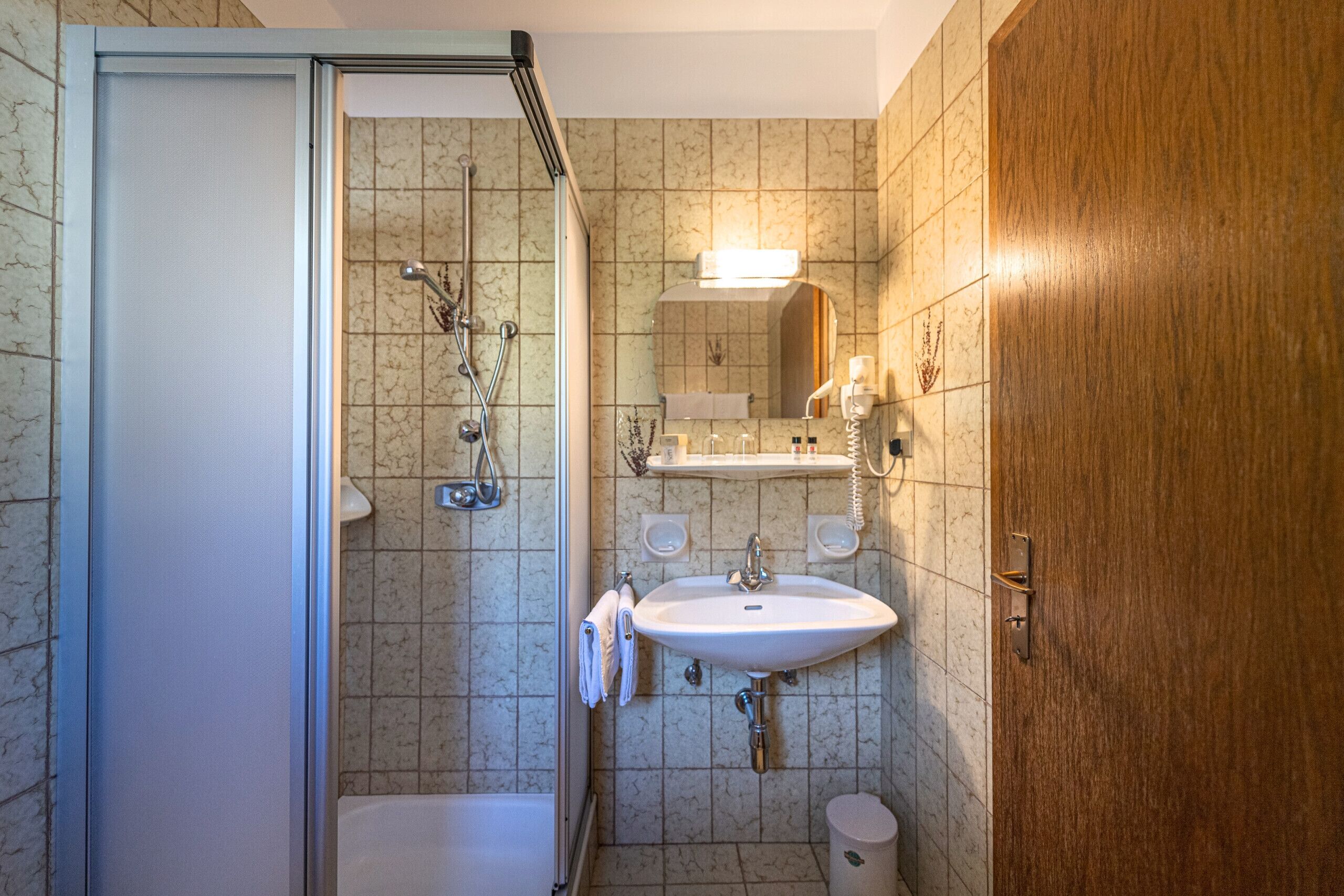Shower, hair dryer, towels
