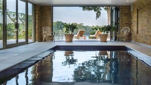 Une piscine intérieure moderne avec des parois en verre transparent, des chaises longues et des plantes en pot.