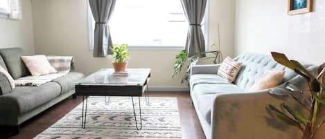 Una sala de estar con dos sofás, una mesa de centro y una planta en maceta.