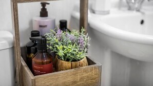 Une caisse en bois contenant une plante en pot et un flacon d’après-shampoing hydratant Theorie Amber Rose.