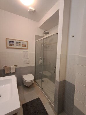Hair dryer, bidet, towels, soap