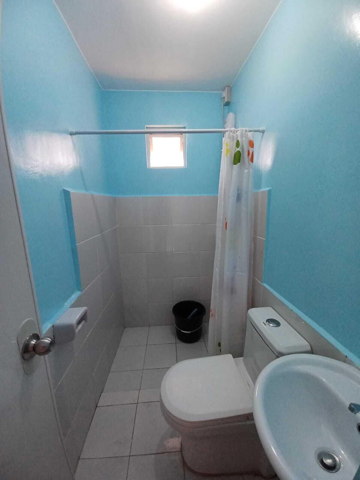 Een kleine badkamer met toilet, wastafel en douchegordijn.