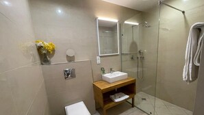 A modern bathroom with a glass-enclosed shower, a white toilet, a wooden vanity with a sink, and a mirror above the vanity. - Apartment With Ocean View (Accra)