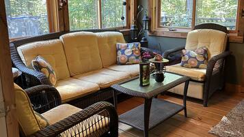 TV, fireplace, books