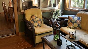 TV, fireplace, books