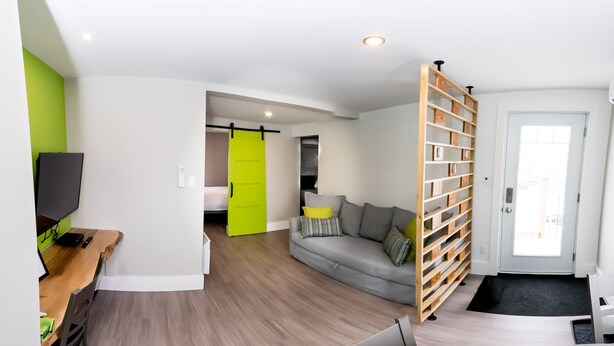 Un salon moderne avec un canapé gris, une bibliothèque en bois et une porte d’un vert vif.