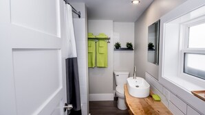 Une salle de bain moderne équipée de toilettes, d’un lavabo et d’une zone douche.