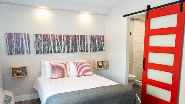 Un dormitorio moderno con cama, una puerta corredera roja y una obra de arte en la pared.