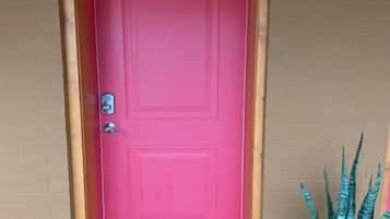 A pink door with the number 3, a potted plant, and a small step leading to the entrance.