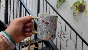 A hand holding a patterned mug, a staircase with black railings, and hanging planters on the wall. - Hostal Sin Fronteras (León)