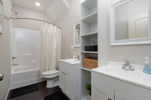 Hair dryer, towels, toilet paper