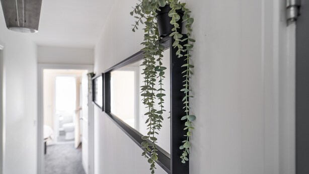 Een gang met een spiegel met zwarte lijst, een hangplant en een lamp.