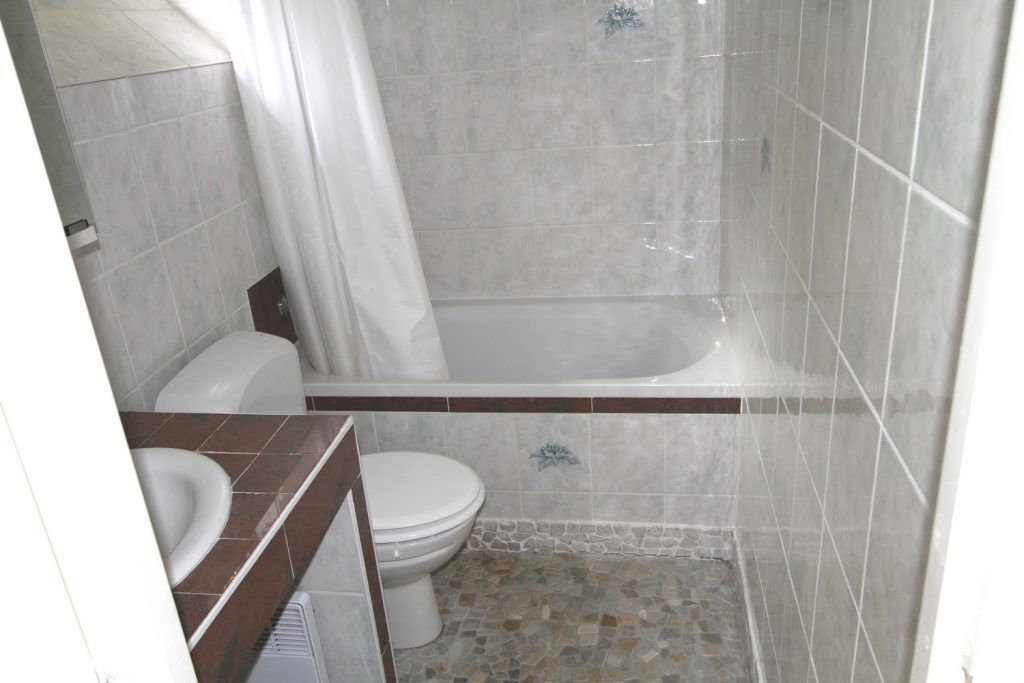 Een badkamer met toilet, bad en douchegordijn.