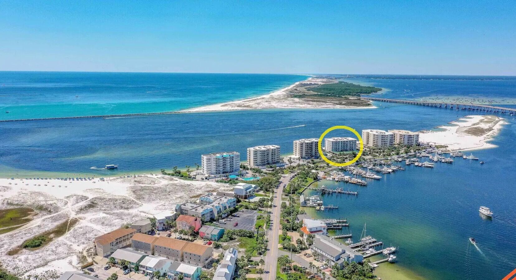 Aerial view of Destin Harbor with Harbor Hideaway