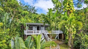 Une maison rustique en bois, dotée d’un porche blanc et d’un chemin de pierre menant à l’entrée, le tout entouré d’une végétation tropicale luxuriante.