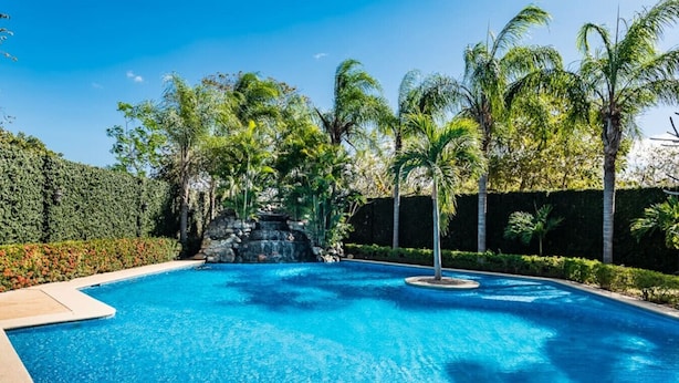 Ein Pool mit Wasserfall, umgeben von Palmen und Hecken.