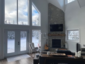 Smart TV, fireplace, DVD player, books