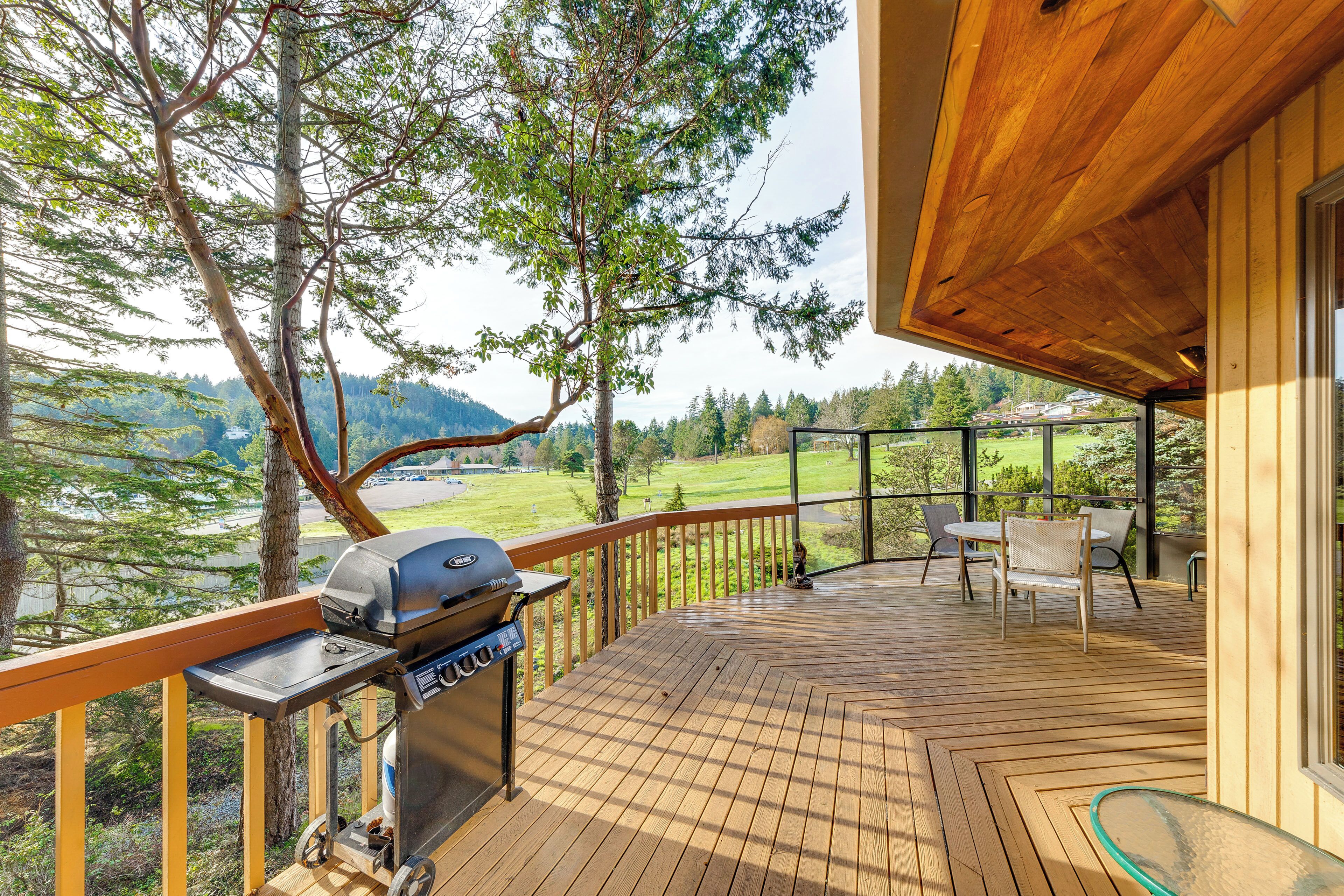 Eine Holzterrasse mit Grill, Stühlen und Blick auf einen See und Berge.