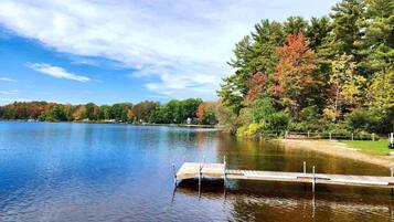 A calm lake with a wooden dock extending into the water.