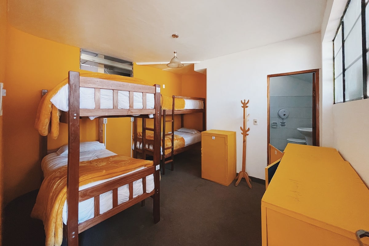 A dormitory room with bunk beds, a desk, a coat rack, and a bathroom visible through an open door.