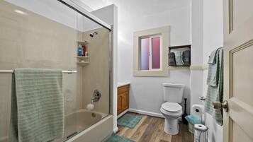 Hair dryer, towels, soap, shampoo