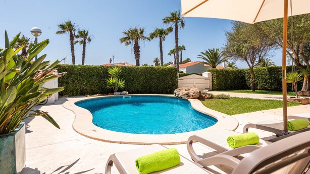 Une piscine entourée de chaises longues et dotée d’un grand parasol, le tout bordé de palmiers et d’une haie.
