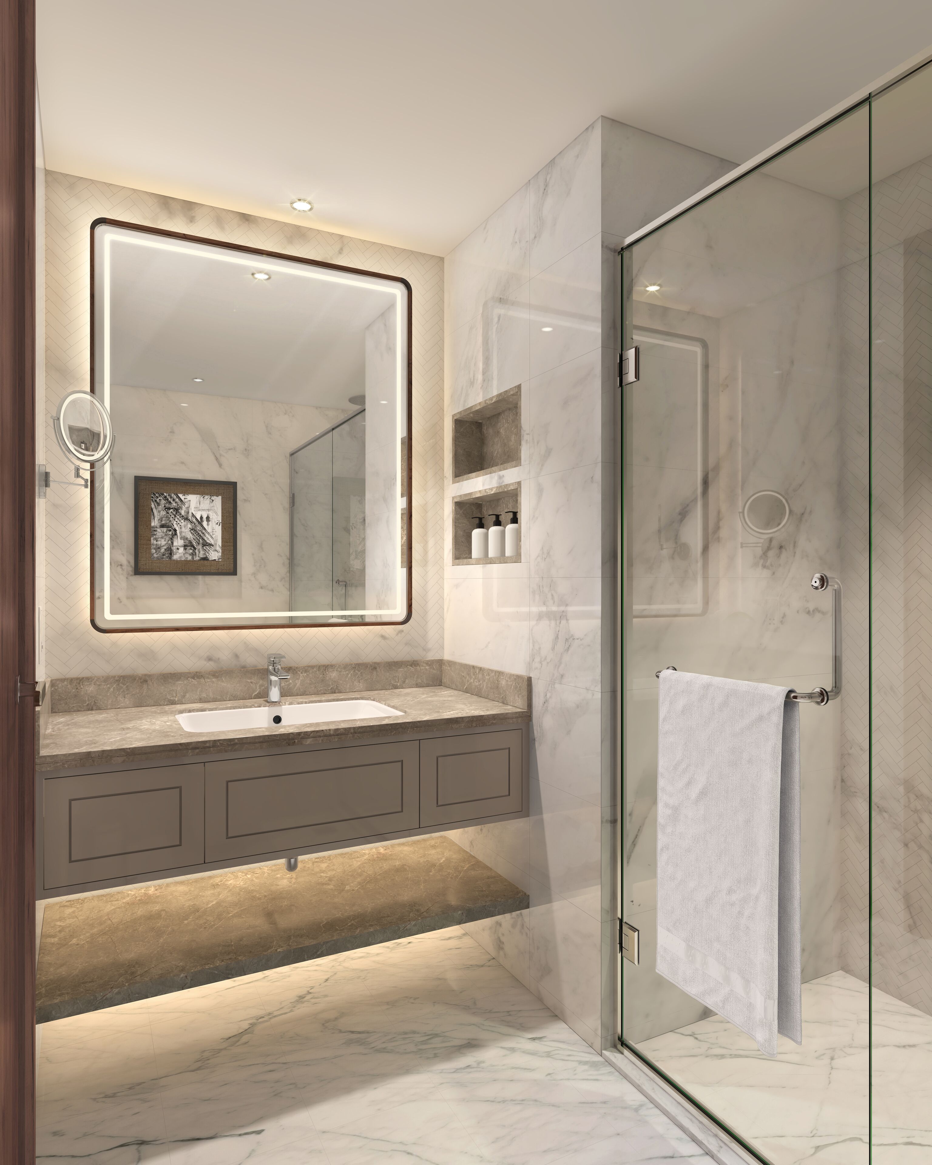 Shower, rainfall showerhead, free toiletries, hair dryer