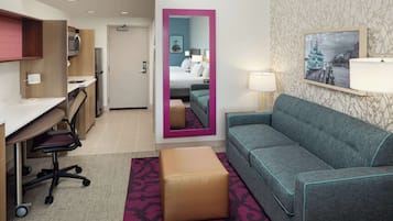 Desk, laptop workspace, blackout drapes, soundproofing