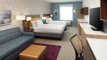 Desk, laptop workspace, blackout drapes, soundproofing