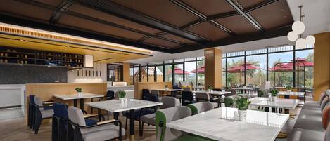 A modern restaurant with high ceilings, large windows, and a variety of seating arrangements including tables and booths.