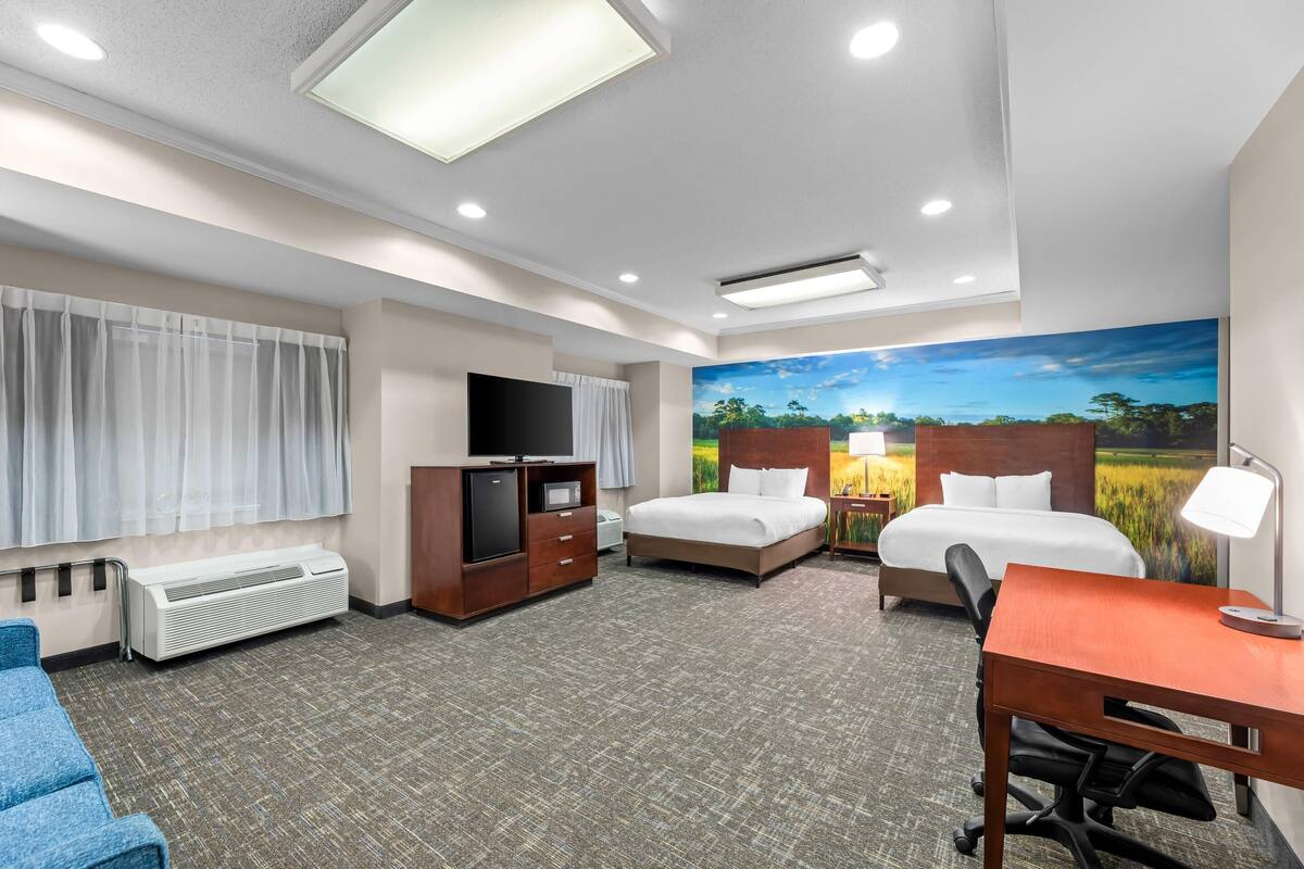 Une chambre d’hôtel avec un lit, un bureau, une chaise, une télévision et un tableau au mur.