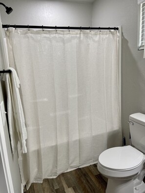 Hair dryer, towels, soap, shampoo