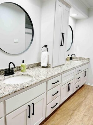 Hair dryer, towels, soap, toilet paper