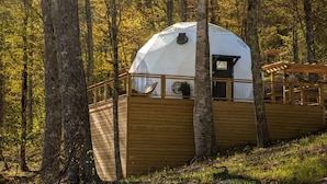 A geodesic dome structure with a wooden deck and a small entrance.