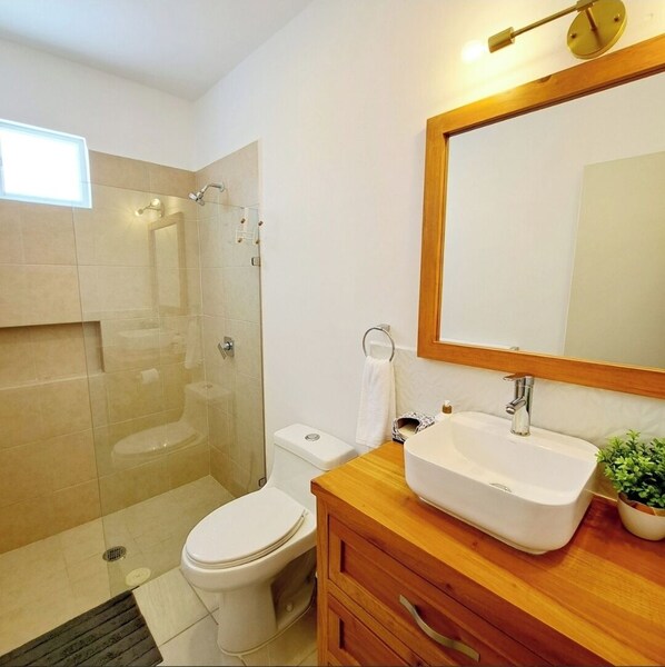 Un baño moderno con ducha de vidrio, inodoro blanco, tocador de madera con lavamanos y espejo.