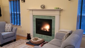Ein Wohnzimmer mit zwei grauen Sofas, einem Kamin und einem gemusterten Teppich.