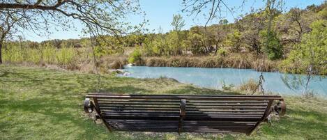 A bench in a grassy area with a view of a body of water and trees.