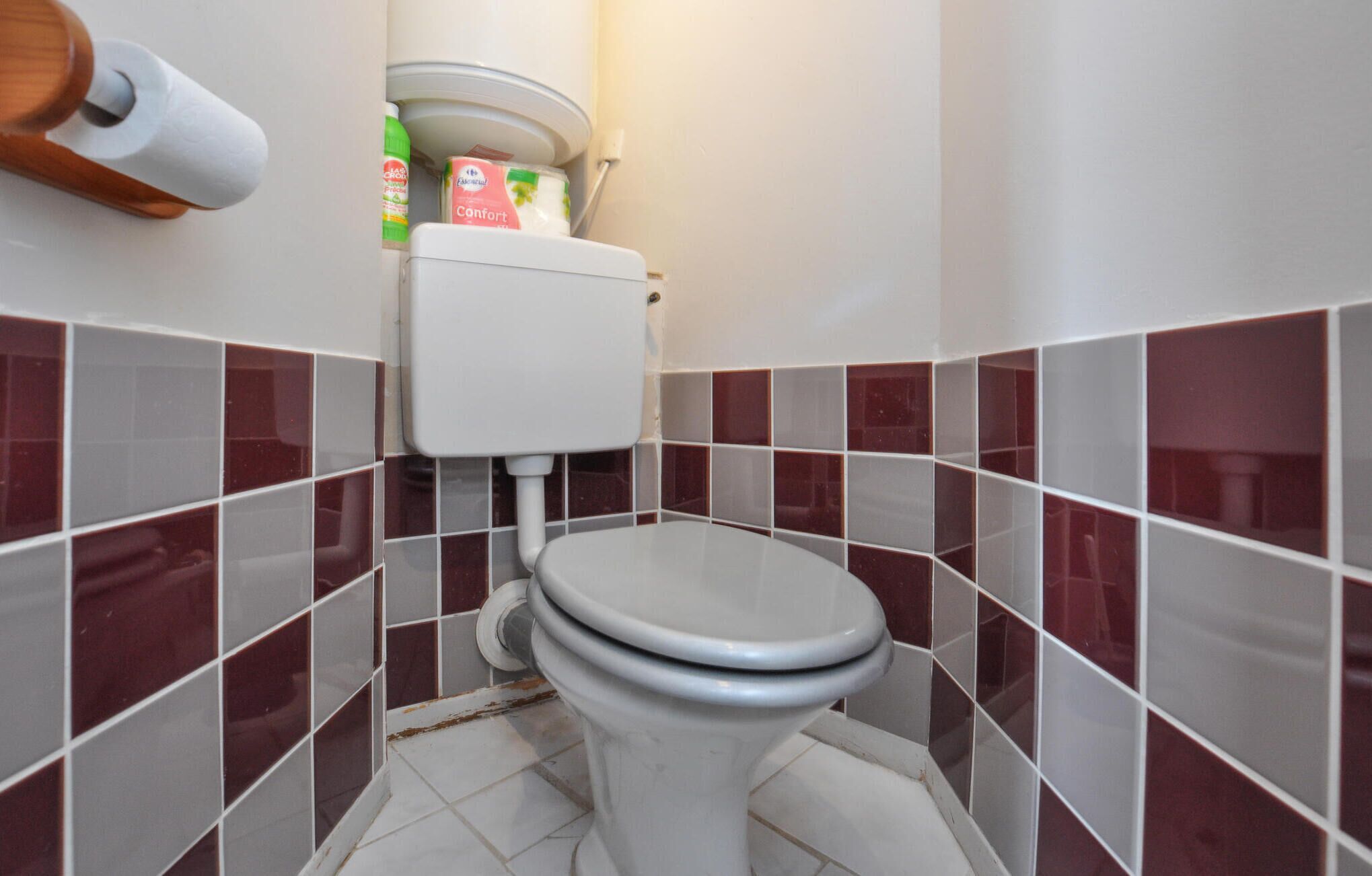 A bathroom with a toilet, a toilet paper holder, and a bottle of hand soap.