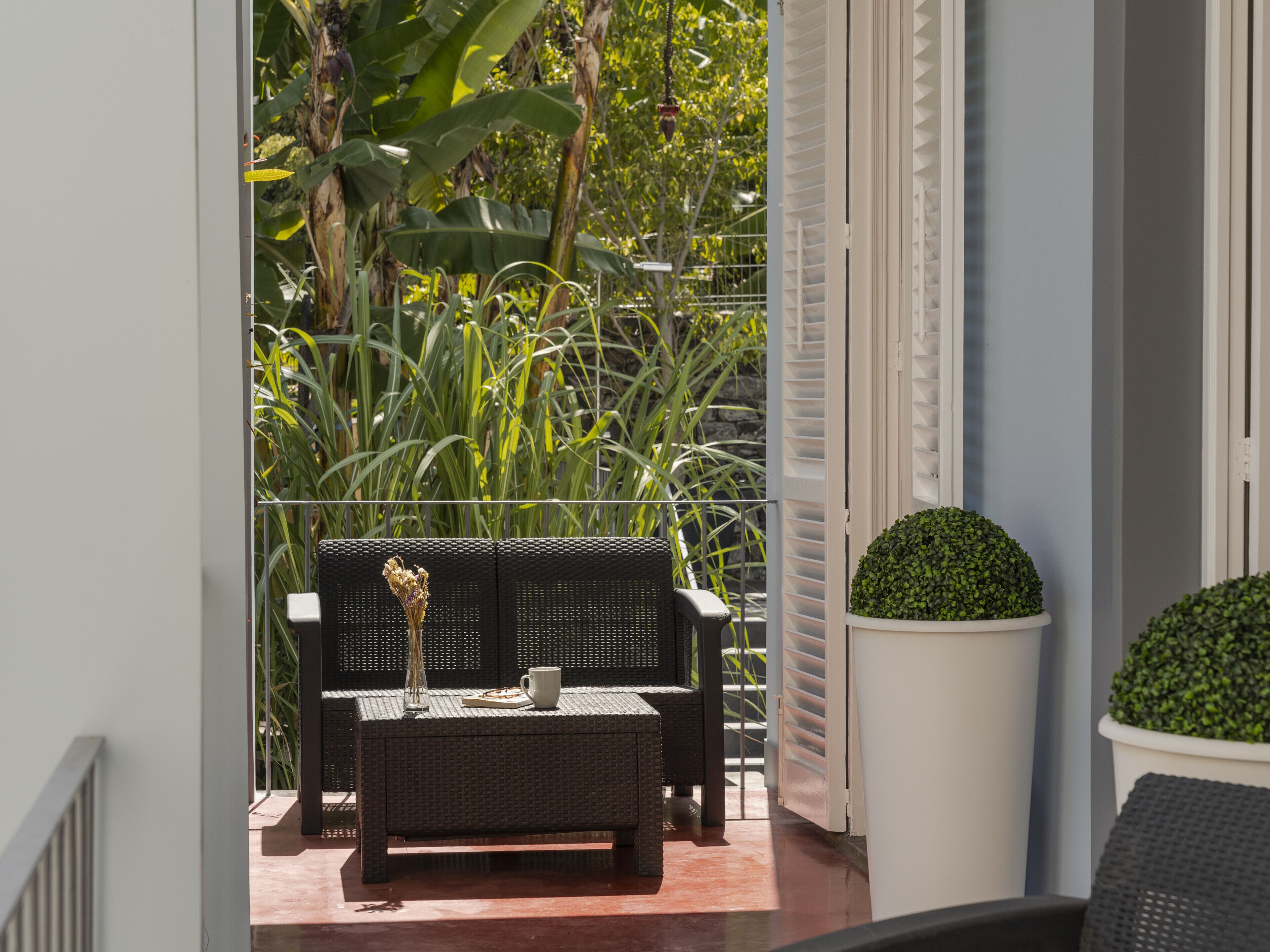 Un balcon avec un canapé en osier, une petite table sur laquelle se trouvent une tasse et un vase, ainsi qu’une plante en pot.