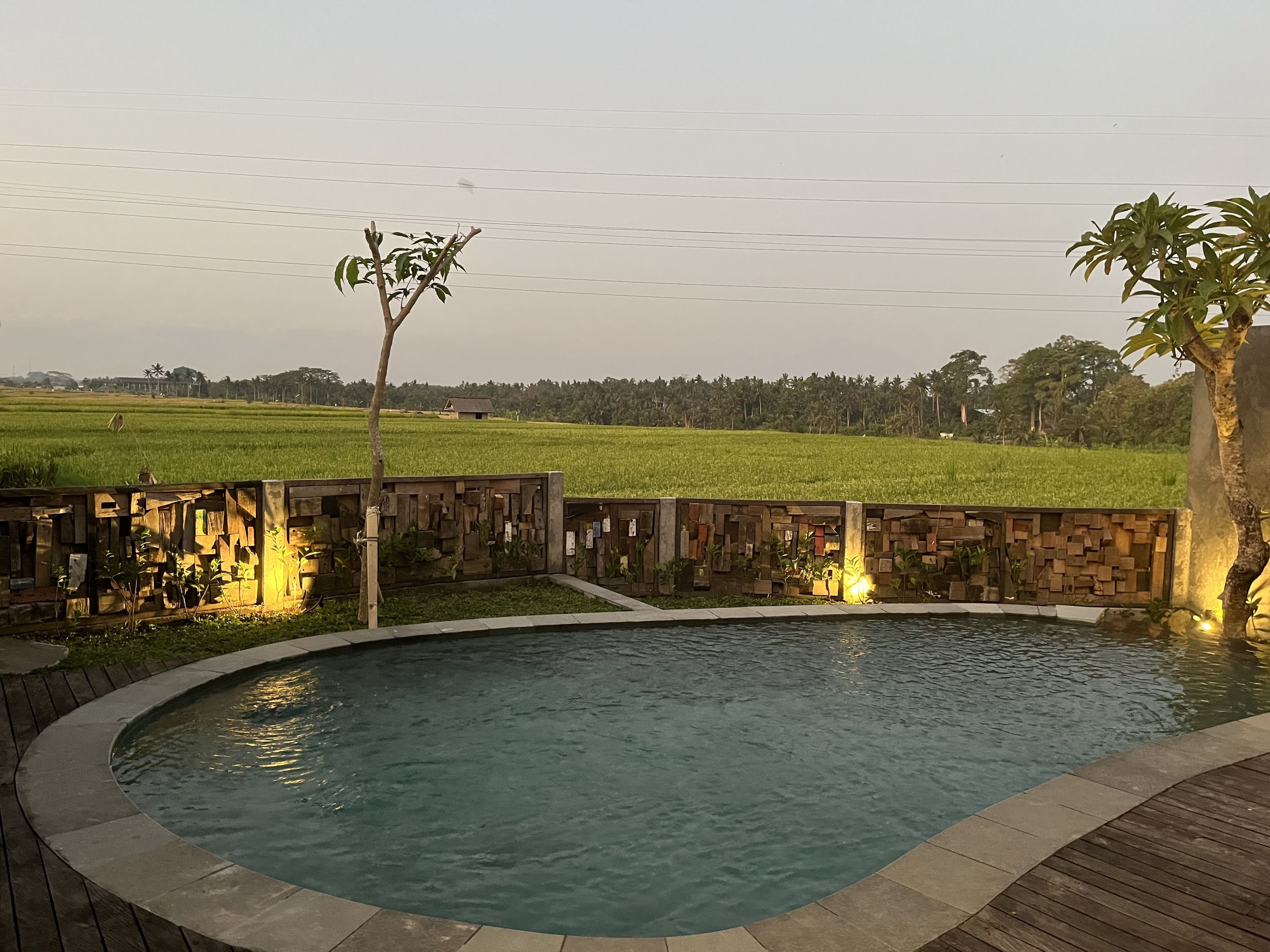 A swimming pool with a wooden deck and a view of a green field in the background.