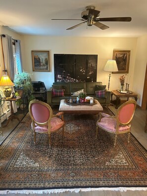 Een televisie, een open haard, een dvd-speler en een stereo