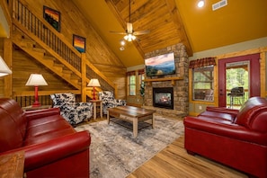 House, Multiple Beds, Pool Access, Mountain View | Living area | 60-inch flat-screen TV with cable channels, TV, fireplace - Almost Heaven (Gatlinburg)